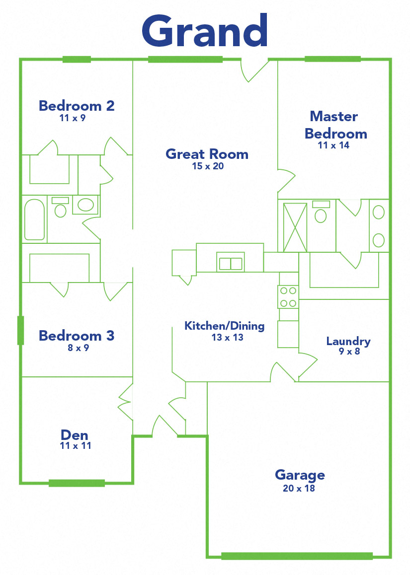 Floor plan for 3 beds, 2 baths, 1583 sqft